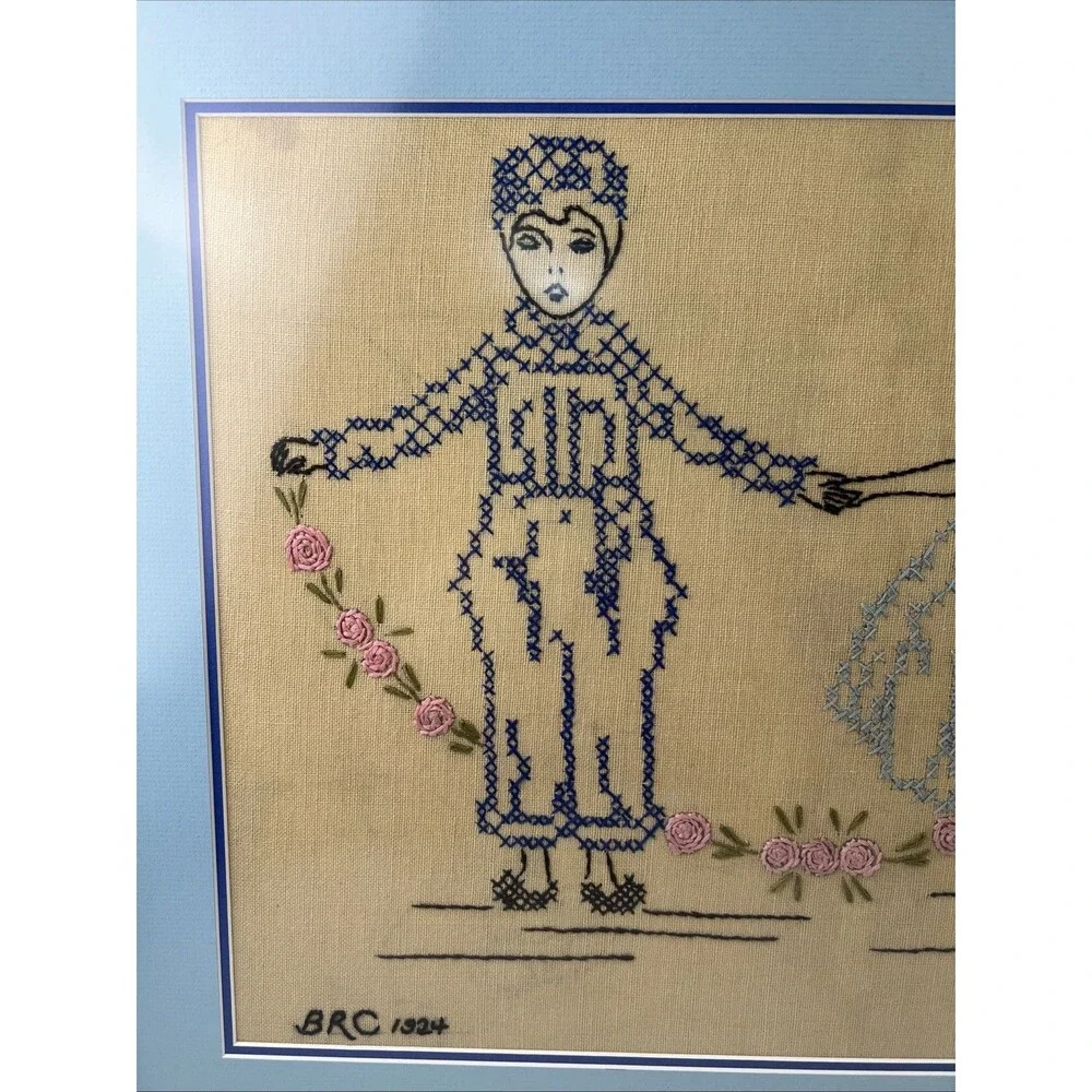 Cross Stitch Picture Art Of Two - 1924 Initials: BRC Protective Glass Framed